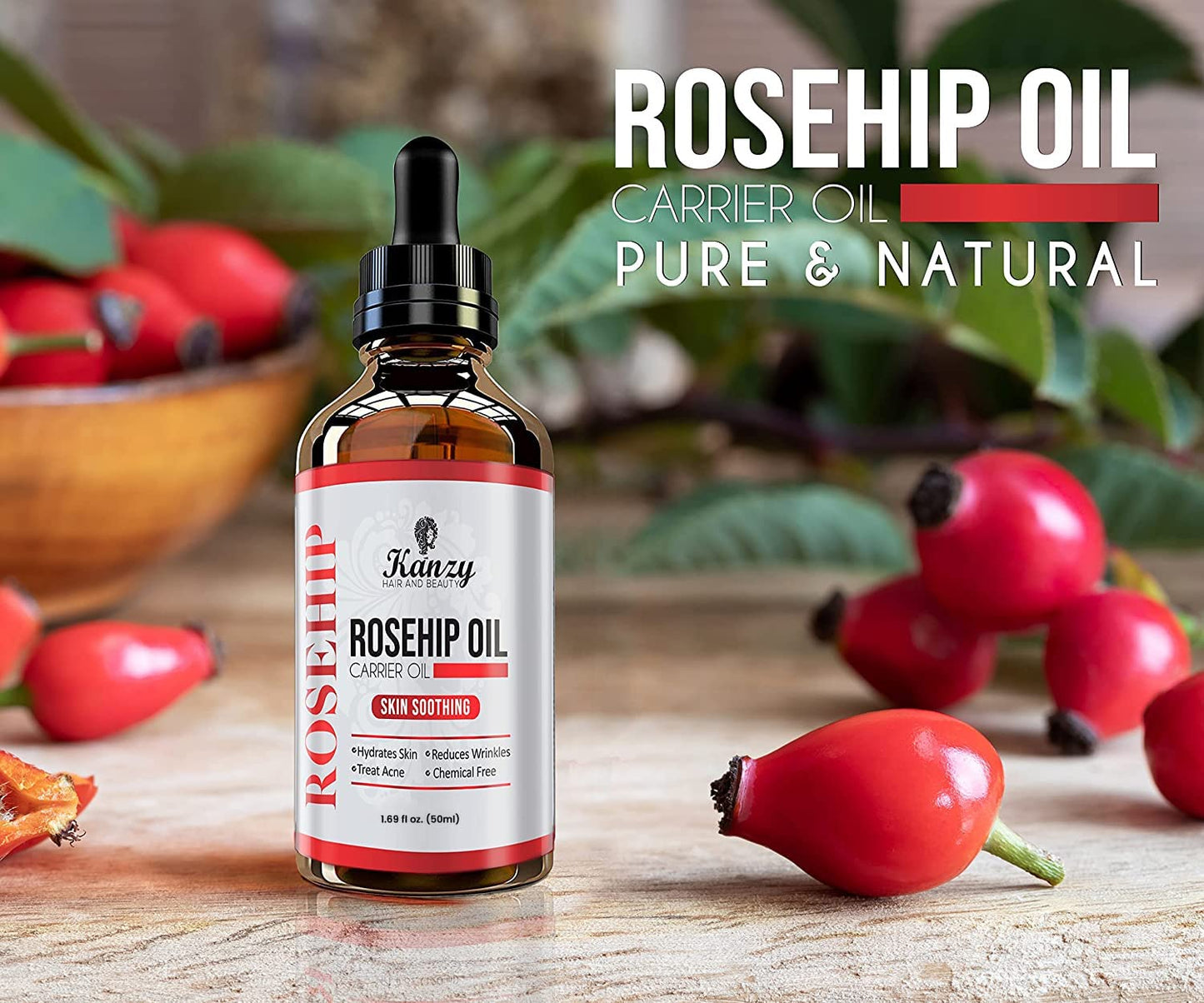 Kanzy Rosehip Oil for Face, Hydrating, Nourishing & Moisturising Rosehip Seed Oil for Skin, Hair, Nails, and Body Oil